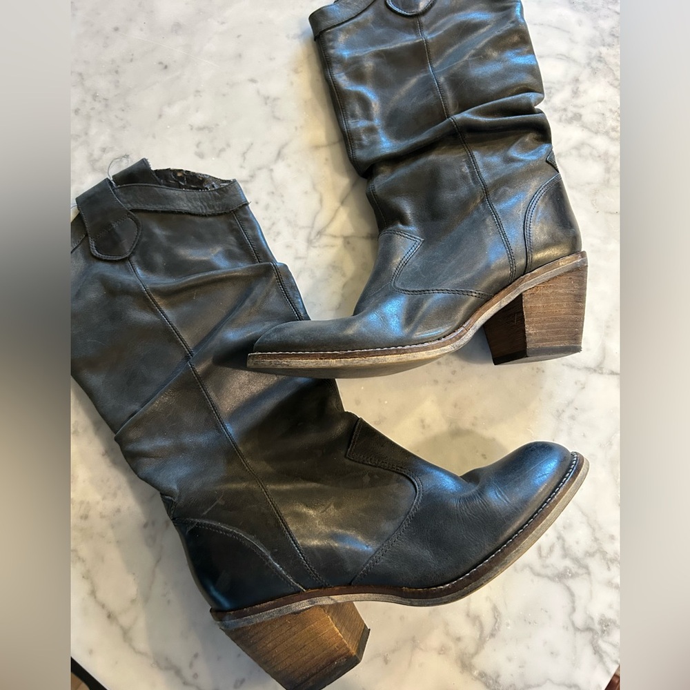 Women’s Aldo Black Leather Heeled Slouch Distressed Cowboy Style Boots 36 6